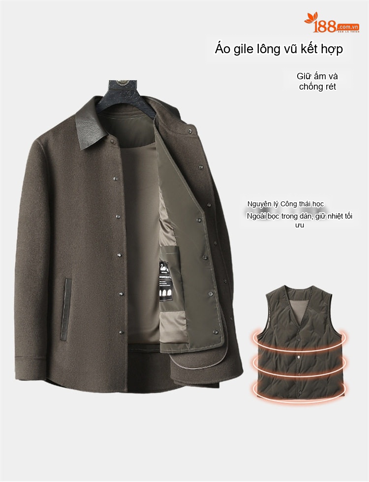 Áo Khoác Nam Hai Mặt Nỉ Cổ Bẻ Túi Da Phong Cách Casual Trung Niên Màu Nâu, Đen chi tiết 5