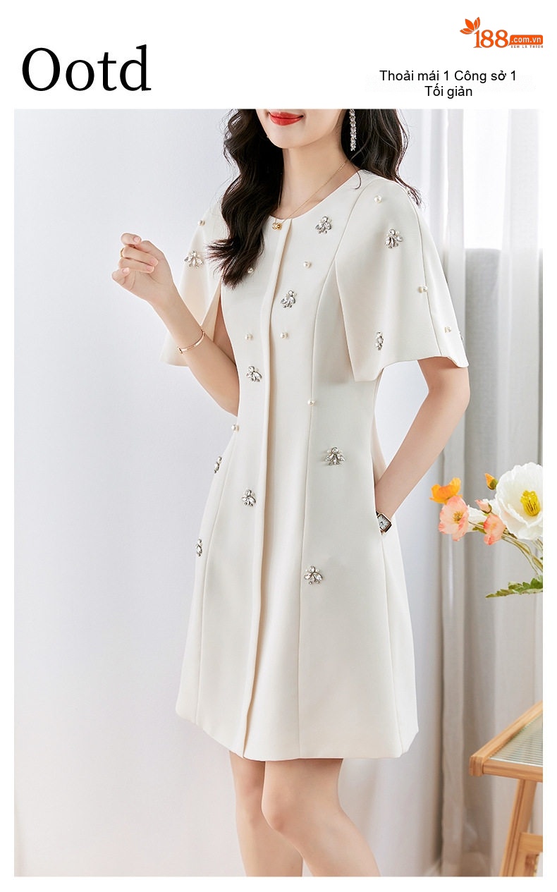 Váy Suông Nữ Tay Lửng Cổ Tròn Đính Đá Sang Trọng Màu Trắng chi tiết 1