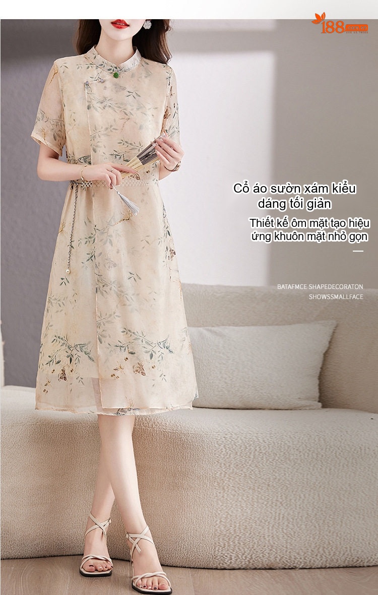 Váy liền thân Nữ Cổ Tàu Tay Ngắn Họa Tiết Hoa Lá Dáng Ôm chi tiết 8