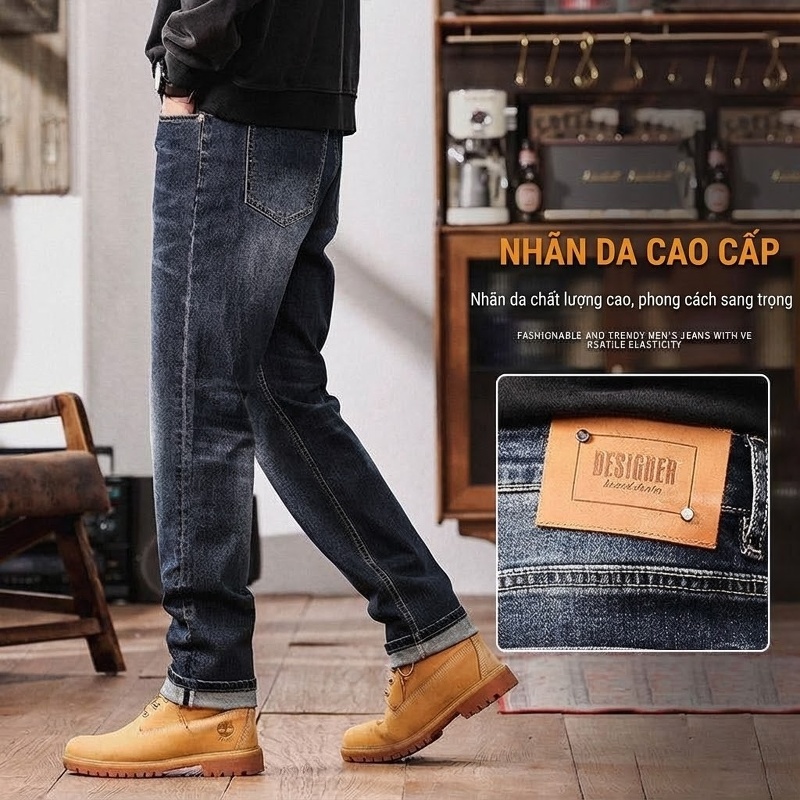 Quần Jean Nam Ống Đứng Co Giãn Cao Cấp Phong Cách Châu Âu Màu Xanh Đen