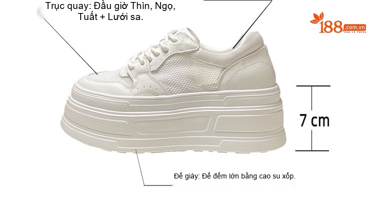 Giày Sneaker Nữ Da Bò Lớp Đầu Vải Lưới Chiều Cao Đế 7cm Màu Trắng chi tiết 3