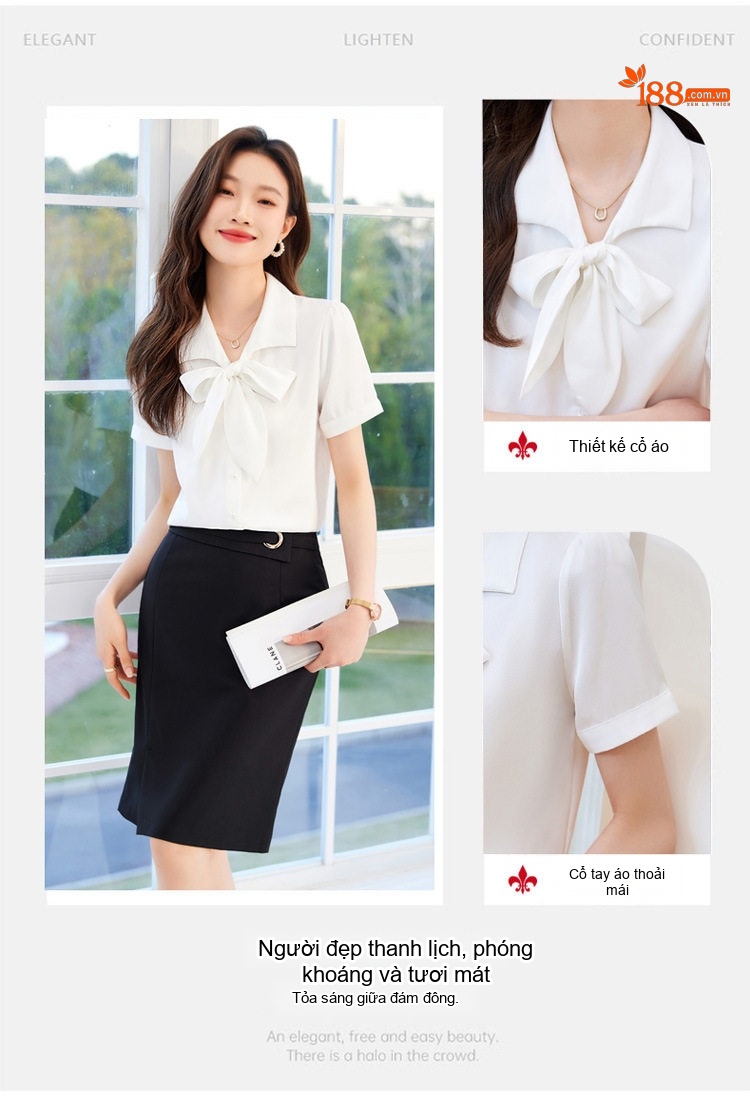 Áo Sơ Mi Tay Ngắn Nữ Cổ Nơ Chất Liệu Tuyết Chiffon Màu Hồng, Trắng chi tiết 7