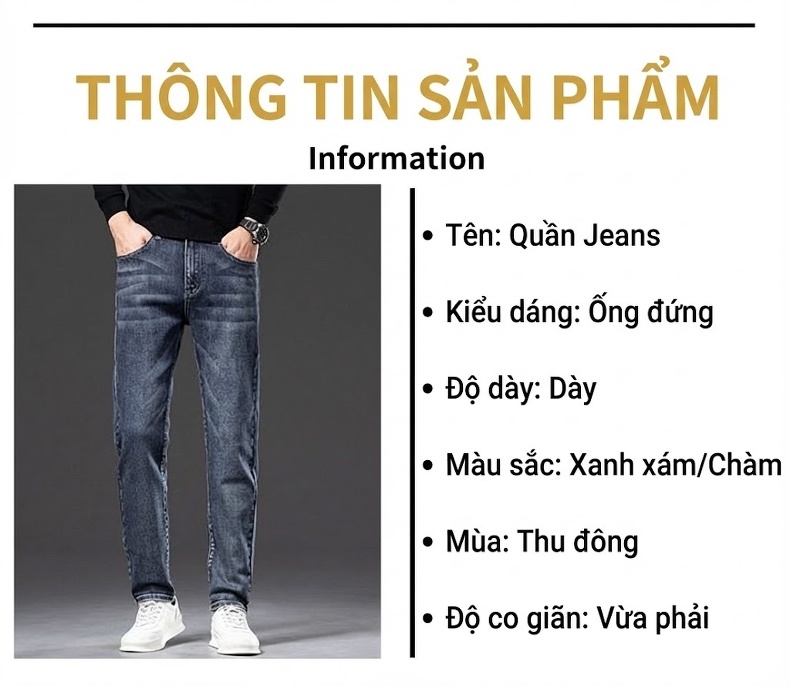Quần Jean Nam Ống Đứng Co Giãn Thoải Mái Màu Xanh Denim chi tiết 10