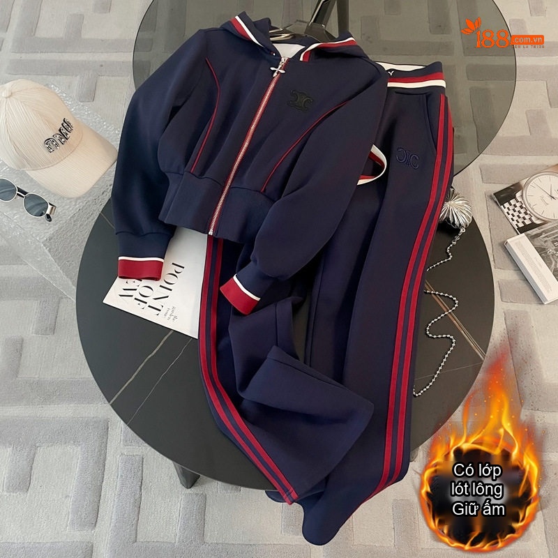 Bộ Đồ Thể Thao Nữ Dáng Rộng Áo Khoác Có Mũ Quần Dài Phong Cách Năng Động Màu Trắng, Xanh Navy