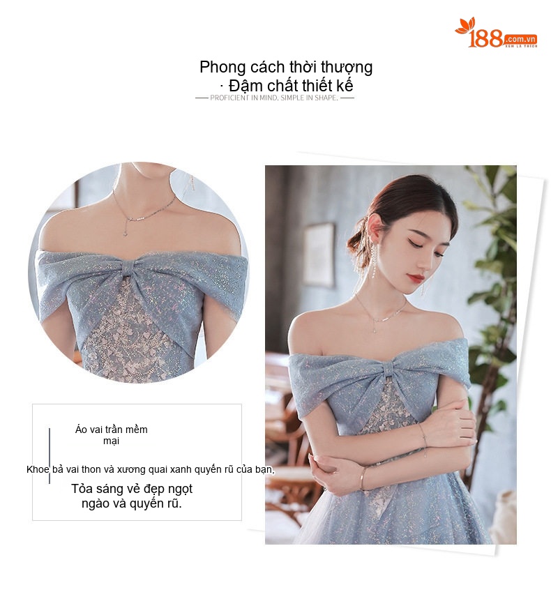 Váy Dạ Hội Nữ Hở Vai Thiết Kế Sang Trọng Màu Xanh Lam chi tiết 4