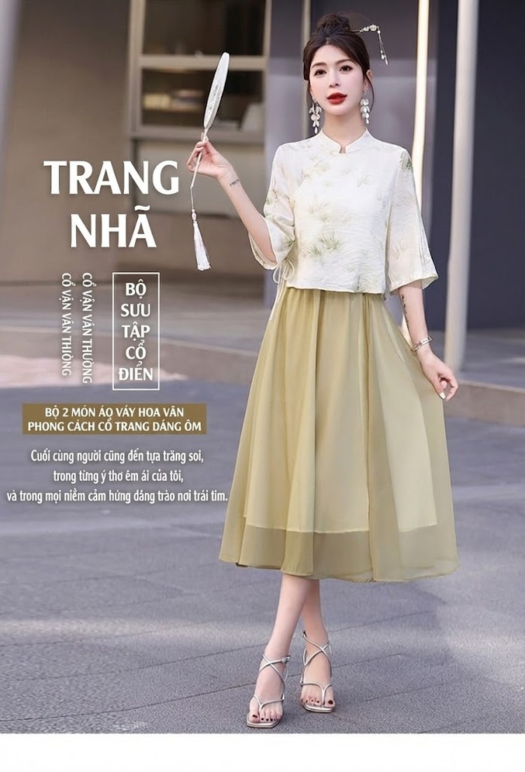 Set Áo Kiểu Tay Lỡ Họa Tiết Cổ Tàu và Chân Váy Chữ A Lưng Cao Phong Cách Trung Hoa Màu Vàng, Xanh chi tiết 2