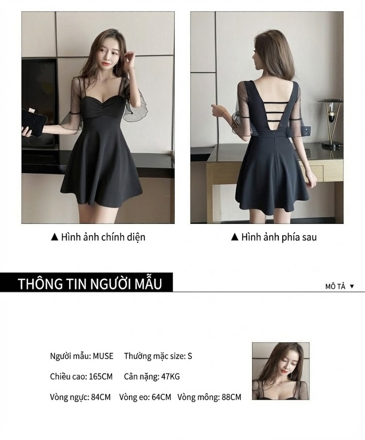 Váy Ngắn Hở Lưng Cổ chữ V Chữ A Tay Lỡ Xòe Bèo Nhún Dự Tiệc Màu Đen chi tiết 2