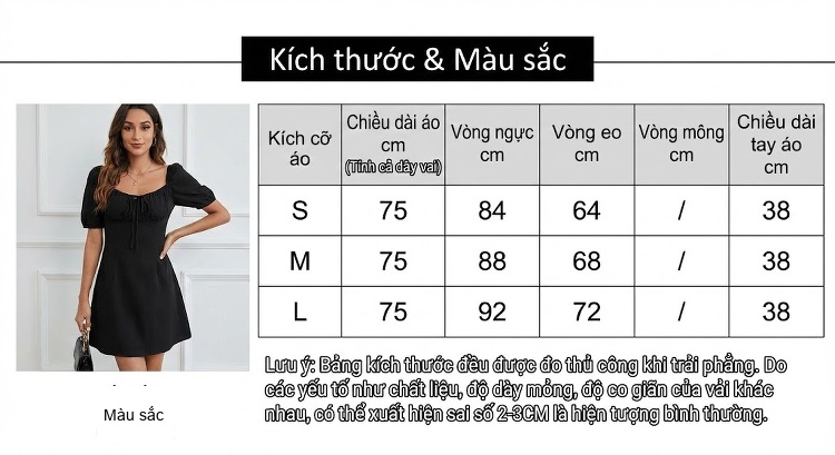 Váy Ngắn Hở Lưng Cổ chữ V Chữ A Tay Lỡ Xòe Bèo Nhún Dự Tiệc Màu Đen chi tiết 3