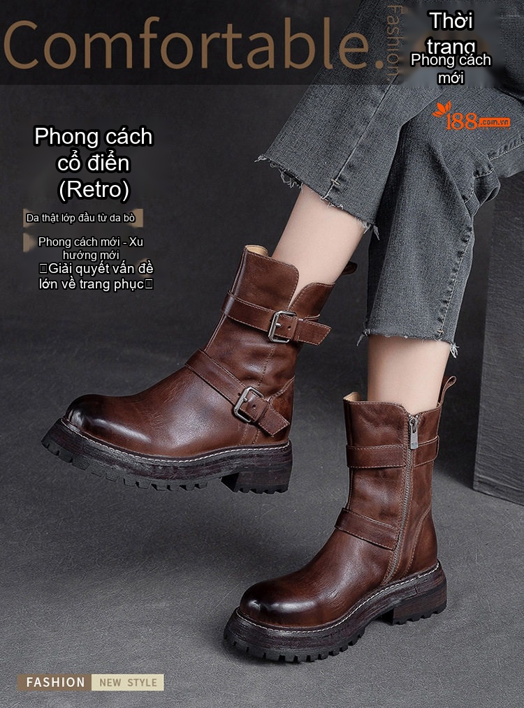 Boot Nữ Da Bò Cổ Lửng Phong Cách Anh Chiều Cao Đế Khoảng 4cm Màu Nâu, Đen chi tiết 1