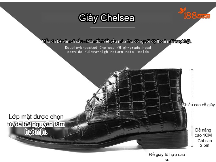 Giày Martin Nam Da Bò Cao Cổ Có Dây Chiều Cao Đế Khoảng 3cm Màu Đen, Nâu chi tiết 2