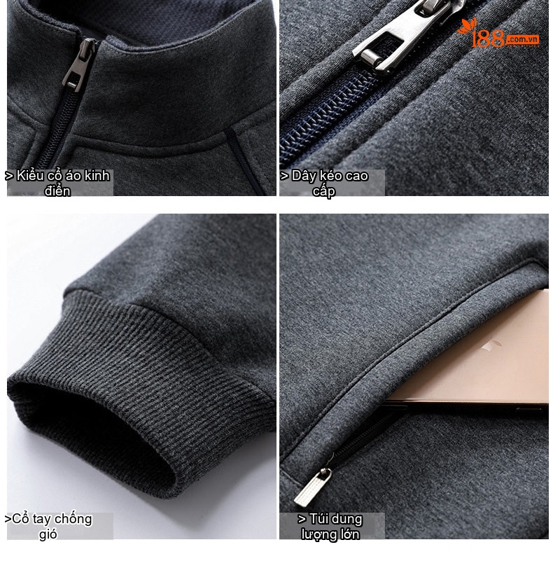 Áo Khoác Bomber Nam Cotton Khóa Kéo Cổ Đứng Phong Cách Thể Thao Màu Xám, Đen, Đỏ chi tiết 13