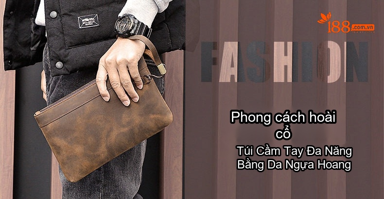 Ví Cầm Tay Nam/Nữ Phong Cách Retro Da Mờ Màu Nâu chi tiết 1