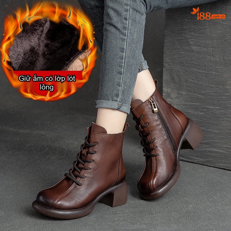 Boot Nữ Da Bò Lót Lông Giữ Ấm Mùa Đông Cổ Ngắn Chiều Cao Đế Khoảng 5cm Màu Nâu, Đen