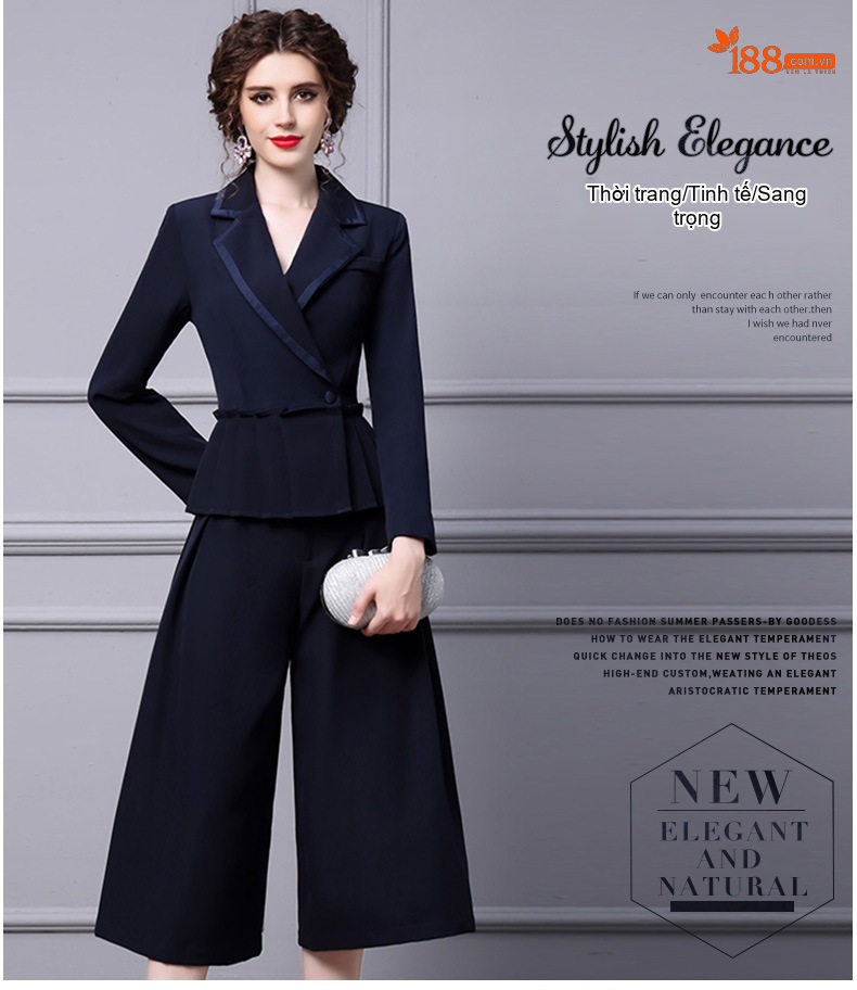 Set Áo Blazer và Quần Ống Rộng Nữ Phong Cách Cổ Điển Thanh Lịch Màu Xanh Navy chi tiết 18