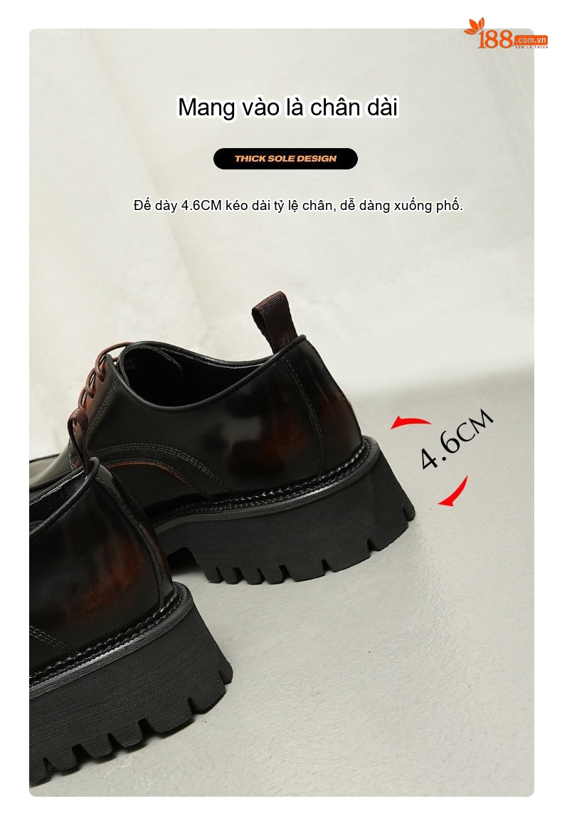 Giày Tây Buộc Dây Nam Da Bóng Đế Cao Khoảng 5cm Phong Cách Anh Quốc Màu Đen, Nâu chi tiết 2