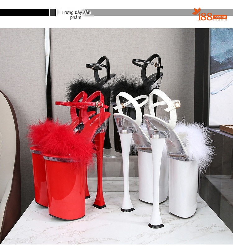 Giày Sandal Cao Gót Nữ Quai Ngang Đính Lông Gót Cao 26cm Màu Đen, Trắng, Đỏ chi tiết 26