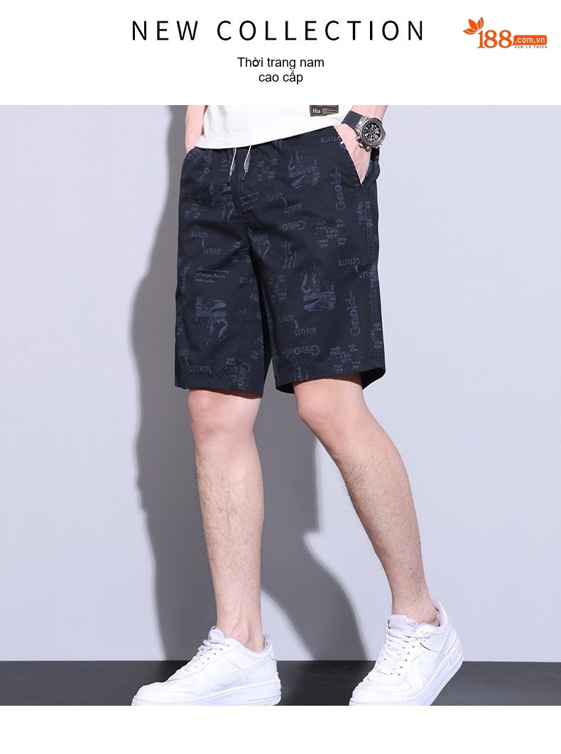 Quần Short Nam Thể Thao Cotton Lưng Thun Co Giãn Thoáng Khí Màu Xanh Navy, Xám, Đen chi tiết 1