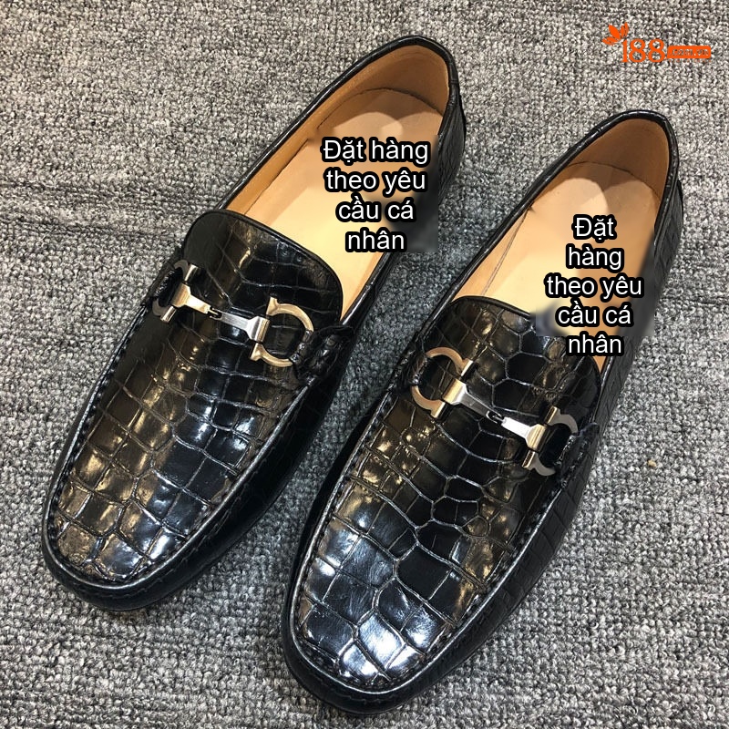 Giày Lười Nam Da Bụng Cá Sấu Chiều Cao Đế Khoảng 2cm Màu Đen chi tiết 4