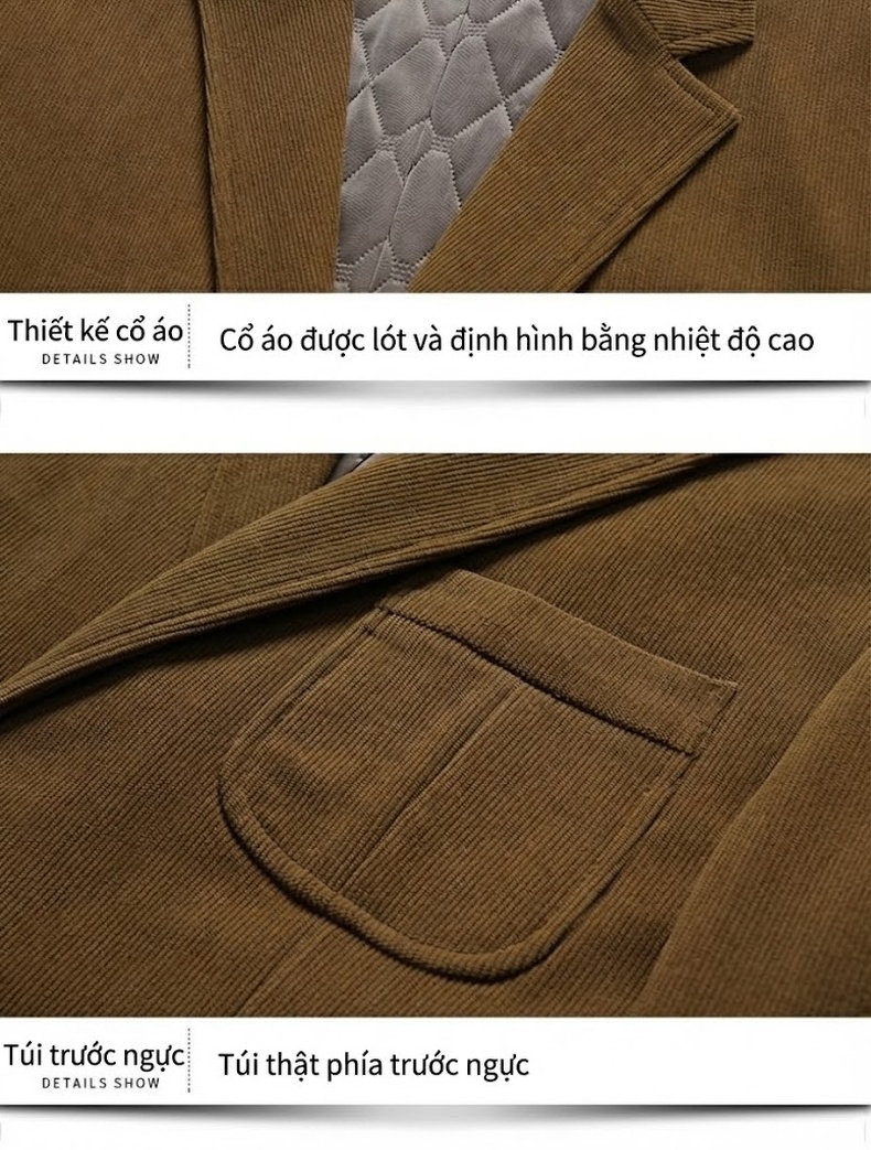 Áo Vest/Blazer Nam Nhung Tăm/Gân Hàn Quốc Form Dáng Ôm Màu Nâu, Đen chi tiết 16