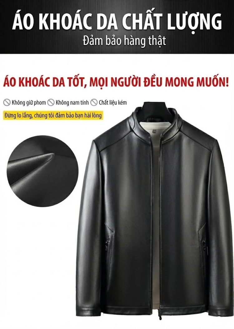 Áo Khoác Da Nam Da Cừu Trung Niên Cao Cấp Có Túi Khóa Kéo Màu Đen chi tiết 2