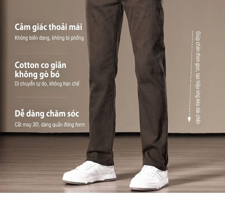Quần Jean Nam Cotton Ống Đứng Co Giãn Thoải Mái Màu Nâu chi tiết 5