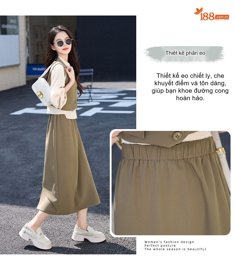 Set Bộ Vest Gile Nữ Áo Dài Tay Chân Váy Midi Thanh Lịch Màu Đen, Be, Xanh Olive chi tiết 6