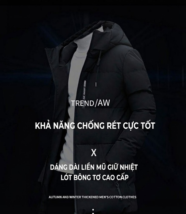 Áo Khoác Nam Phao Dáng Dài Có Mũ Trùm Đầu Dày Dặn Giữ Ấm Màu Đen, Xanh Navy, Xanh Rêu chi tiết 22