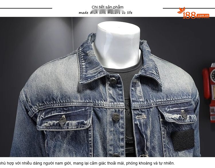 Áo Khoác Jeans Nam Cổ Bẻ Dáng Rộng Thêu Họa Tiết Màu Xanh Dương chi tiết 8