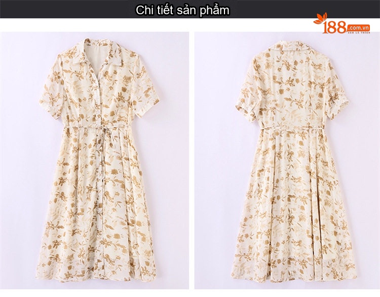 Váy Sơ Mi Nữ dáng chữ A Midi Tay Ngắn Họa Tiết Hoa Nhí Thắt Eo Thanh Lịch Màu Trắng, Vàng chi tiết 25
