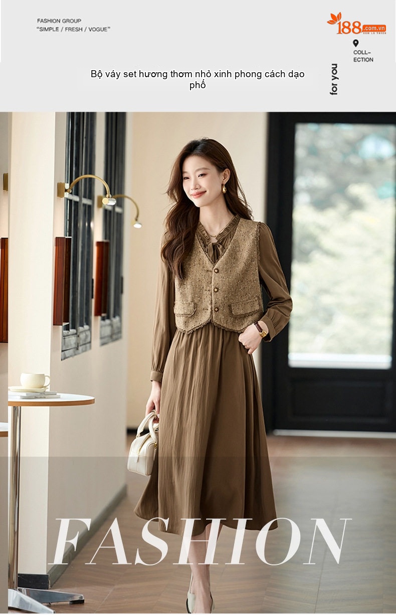 Set Váy Sơ Mi Dài Tay Nữ Kèm Áo Gile Phong Cách Pháp Cổ Điển Màu Nâu chi tiết 1