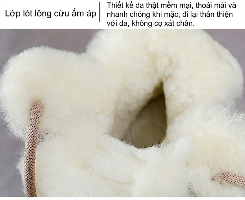 Giày Boot Nữ Da Bò Lót Lông Cừu Non Cổ Cao Dây Buộc Chiều Cao Đế Khoảng 5cm Màu Be, Đen chi tiết 8