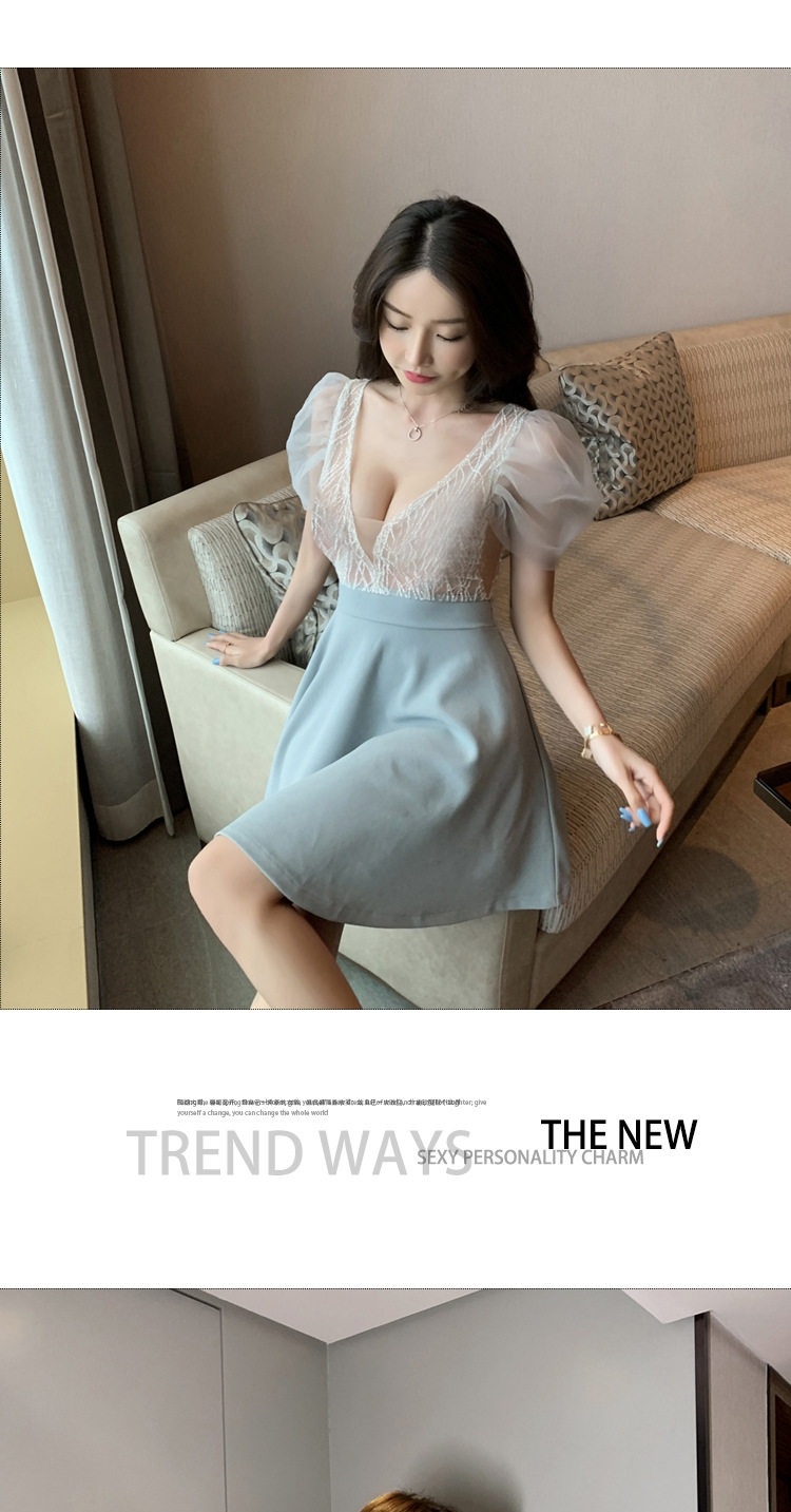Váy Ngắn Chữ A Cổ Chữ V Tay Bồng Lưới Xuyên Thấu Màu Xám, Trắng chi tiết 1