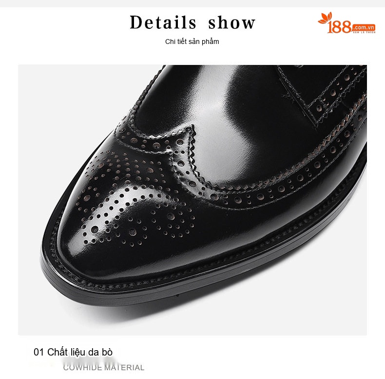 Giày Tây Buộc Dây Nam Da Bò Brogue Chiều Cao Đế Khoảng 3cm Màu Đen, Xanh chi tiết 17