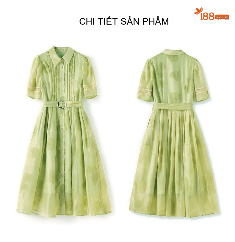 Váy liền thân Nữ Thiết Kế Nếp Gấp Phong Cách Đồng Quê Ngọt Ngào Quý Phái Màu Xanh Lá chi tiết 13