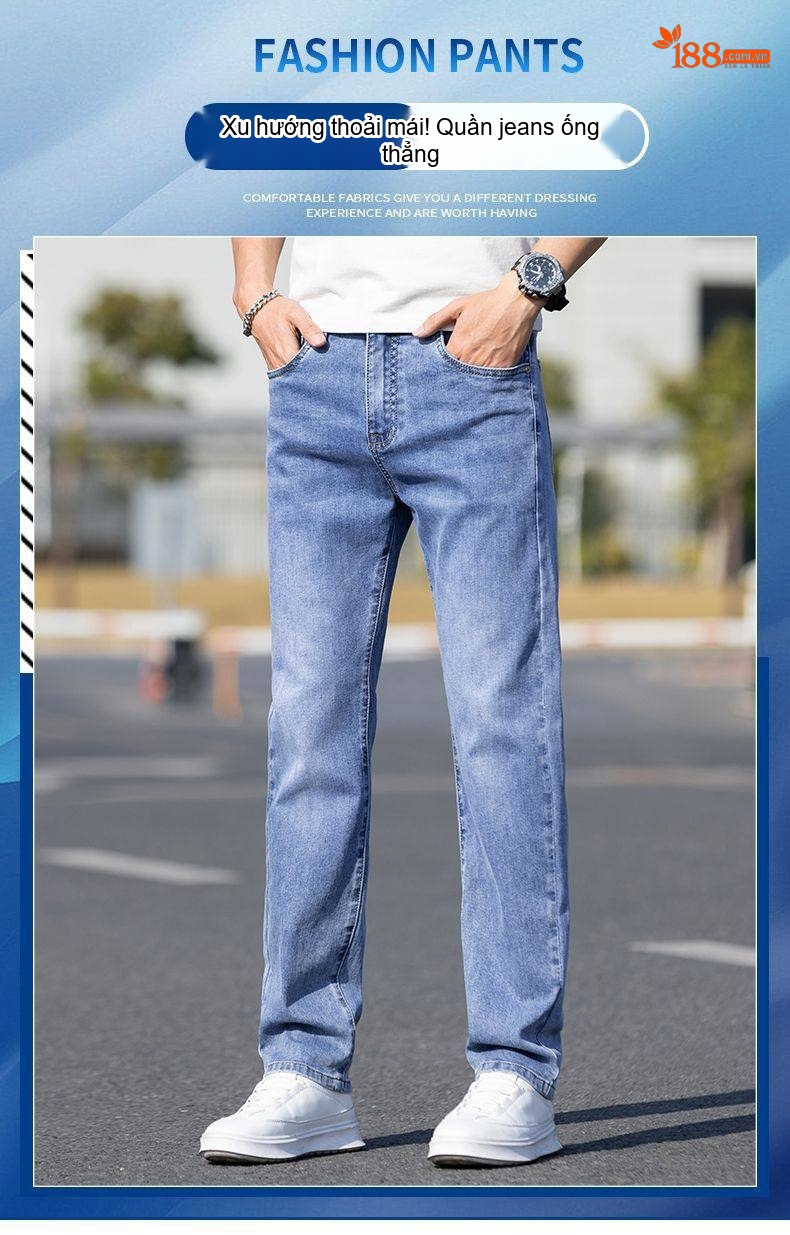 Quần Jeans Nam Ống Đứng Co Giãn Thoải Mái Phong Cách Casual Màu Xanh chi tiết 2