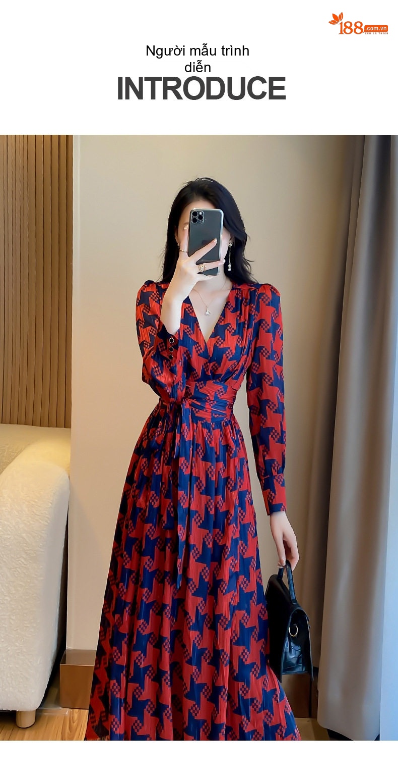 Váy Dài Tay dáng chữ A Chiết Eo Cổ chữ V Chữ A Họa Tiết Màu Đỏ, Xanh Navy chi tiết 6
