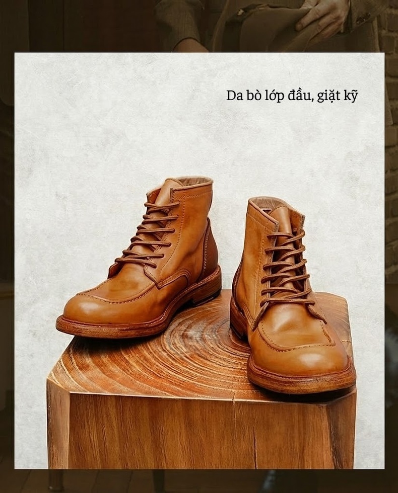 Giày Martin Nam Da Bò Cổ Cao Cổ Điển Mũi Tròn Chiều Cao Đế Khoảng 3cm Màu Nâu, Đen chi tiết 11