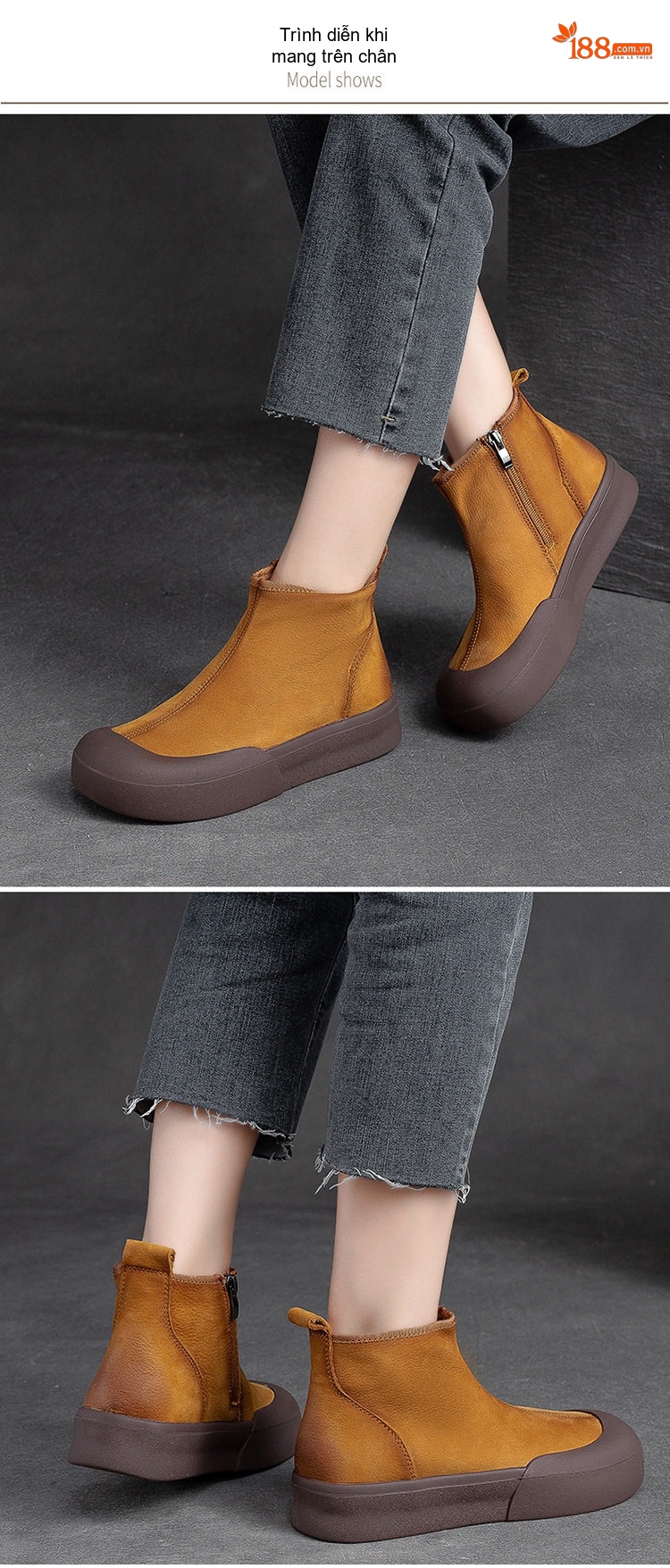 Boot Nữ Da Lộn Đế Dày Khóa Kéo Bên Hông Phong Cách Retro Chiều Cao Đế Khoảng 3cm Màu Đỏ Rượu, Vàng chi tiết 8