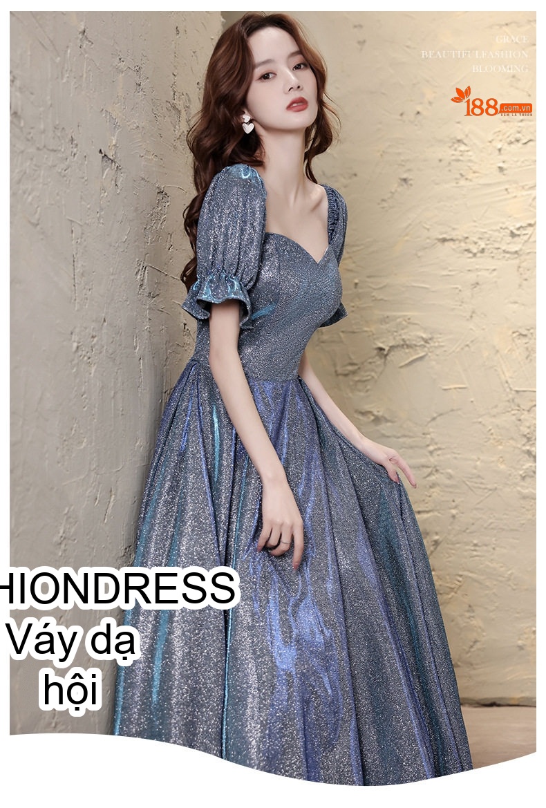 Váy Dạ Hội Dáng Dài Nữ Kiểu Pháp Phong Cách Ngôi Sao Lấp Lánh Dự Tiệc Màu Xanh Dương chi tiết 2