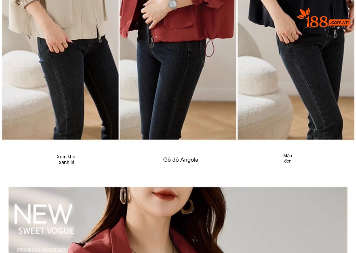 Áo Khoác Gió Nữ Form Ngắn Thiết Kế Túi Hộp Phong Cách Casual Màu Đỏ Gạch, Đen, Kem chi tiết 4
