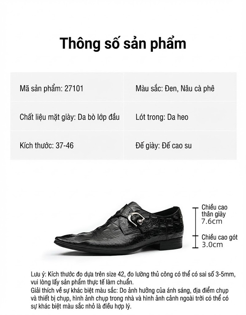 Giày Tây Nam Vân Cá Sấu Da Bóng Chiều Cao Đế Khoảng 3cm Màu Đen, Nâu chi tiết 2