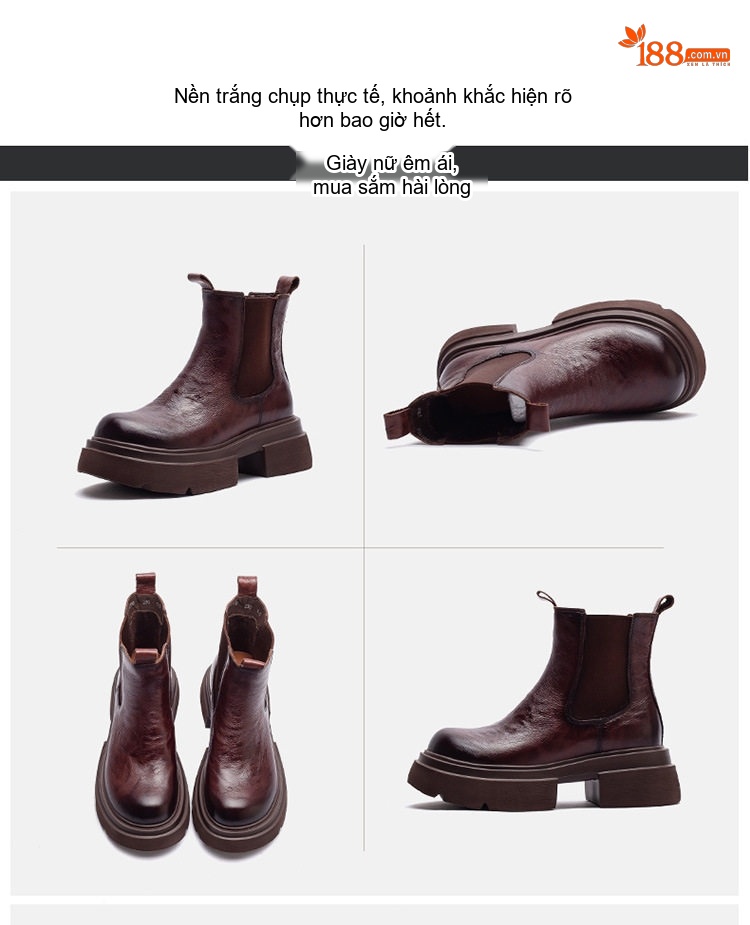 Boot Nữ Da Bò Thủ Công Chiều Cao Đế Khoảng 5cm Phong Cách Retro Màu Đen, Nâu chi tiết 16