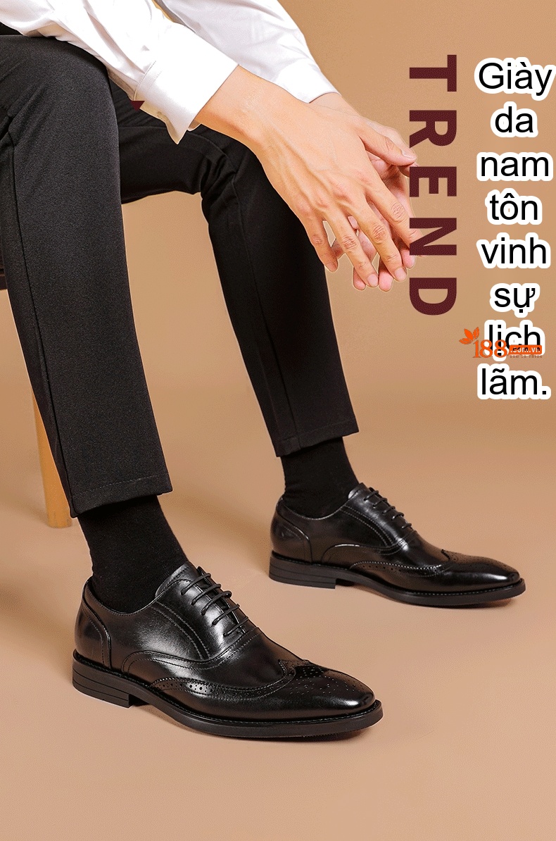 Giày Tây Oxford Nam Da Bò Buộc Dây Phong Cách Anh Quốc Chiều Cao Đế Khoảng 3cm Màu Nâu, Đen chi tiết 11