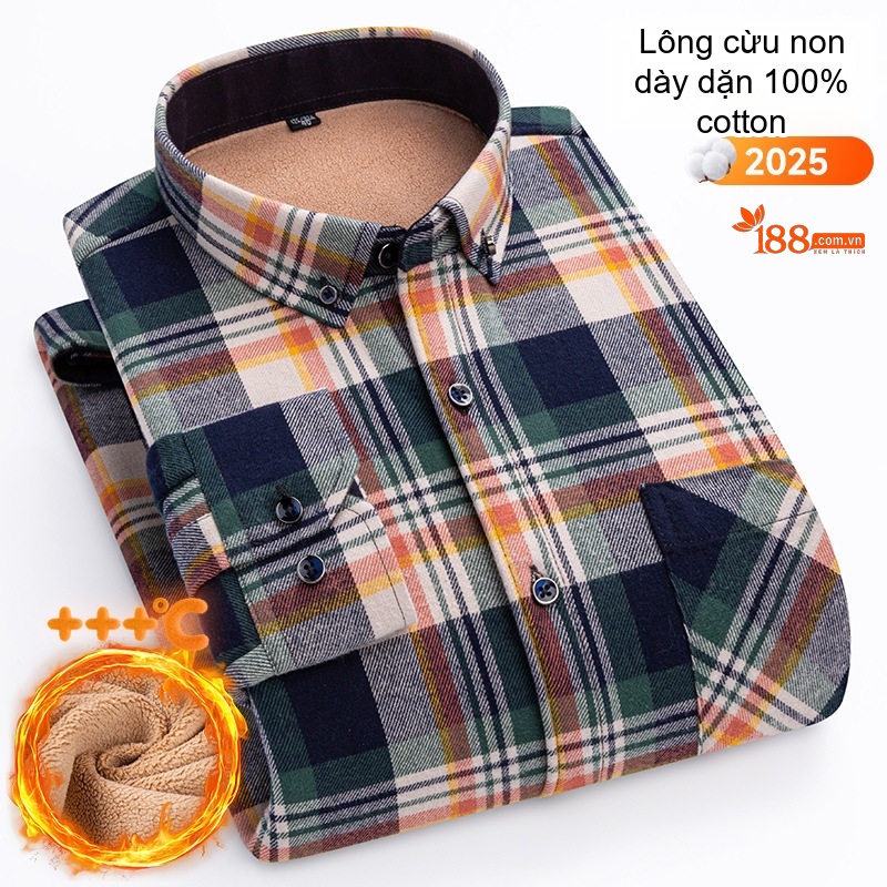 Áo Sơ Mi Nam Ca Rô Lông Cừu Non Cotton Dày Dặn Giữ Ấm Màu Đen, Đỏ, Xanh Dương, Xanh Lá...