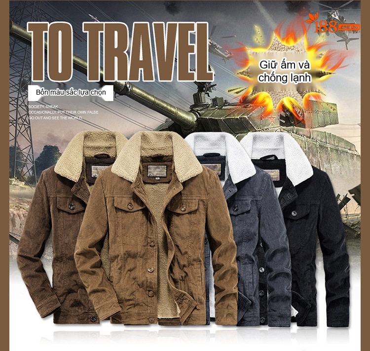 Áo Khoác Nam Cotton Lót Lông Cổ Bẻ Dáng Rộng Giữ Ấm Màu Xám, Nâu, Đen chi tiết 5