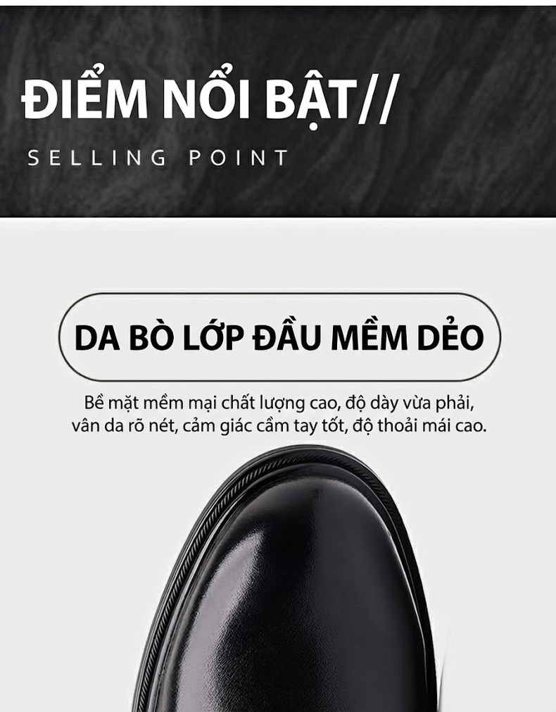 Giày Tây Buộc Dây Nam Da Thật Chiều Cao Đế Khoảng 3cm Màu Đen chi tiết 10