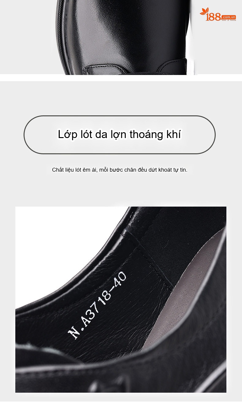 Giày Tây Buộc Dây Nam Da Thật Chiều Cao Đế Khoảng 3cm Màu Đen chi tiết 11