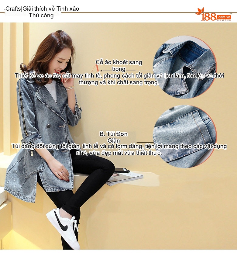Áo Khoác Jean Nữ Dáng Dài Tay Lửng Khóa Kéo Túi Hộp Phong Cách Hàn Quốc Màu Xanh Jean chi tiết 6