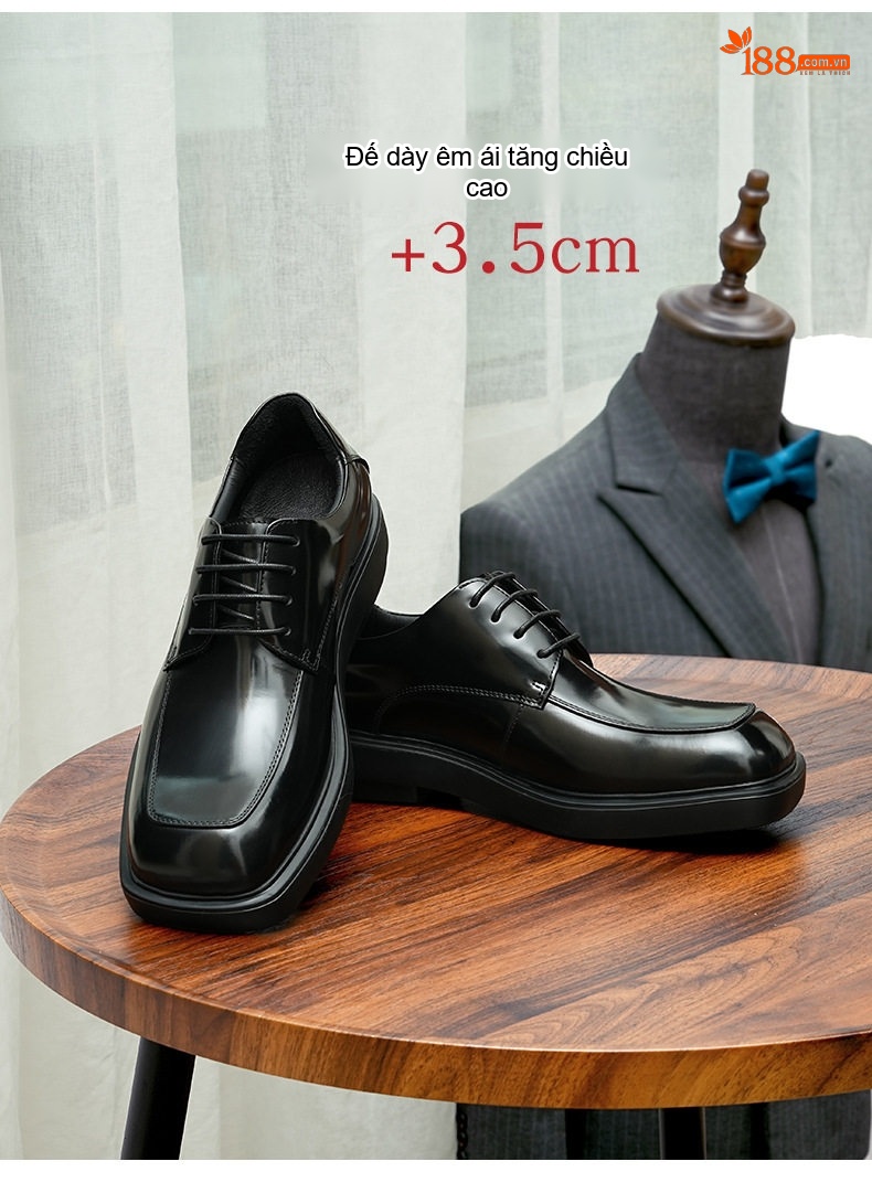 Giày Tây Buộc Dây Nam Da Bóng Chiều Cao Đế Khoảng 3.5cm Màu Đen, Nâu chi tiết 6