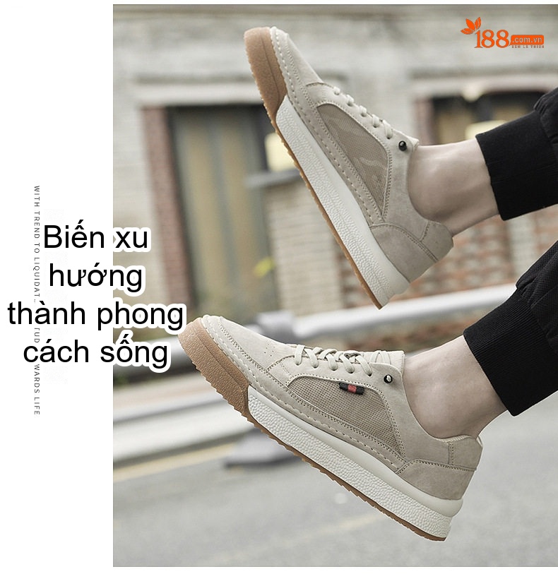 Giày Thể Thao Nam Da Thật Mặt Lộn Chiều Cao Đế Khoảng 3.5cm Màu Nâu, Be chi tiết 22
